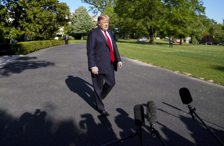 epa07533039 US President Donald J. Trump departs the White House, in Washington, DC, USA, on 27 April 2019, en route to Joint Base Andrews where he will board Air Force One to Green Bay, Wisconsin to deliver remarks at a Make America Great Again rally. President Trump commented on the San Diego synagogue shooting and his round of golf with Prime Minister Abe of Japan.  EPA/Leigh Vogel / POOL