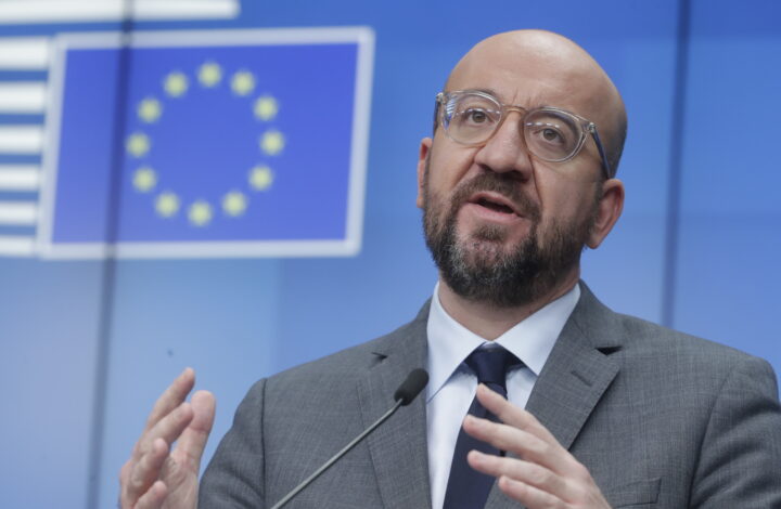epa08956635 European Council President Charles Michel during a press conference after a video summit of the European Council members, in Brussels, Belgium, 21 January 2021. EU member countries' heads of states and governments agreed on keeping the intra-EU borders open although restrictions on non-essential travel are an option in order to combat the spread of the pandemic Sars-CoV-2 coronavirus and its variants.  EPA/OLIVIER HOSLET / POOL