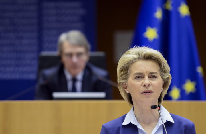 epa09065422 European Commission President Ursula von der Leyen speaks at the signing ceremony of the declaration on the Future of Europe, in Brussels, Belgium, 10 March 2021.  EPA/JOHANNA GERON / POOL