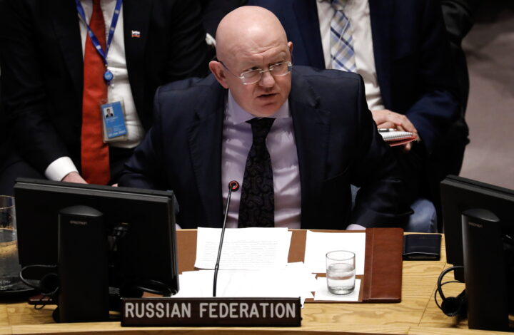 epa07496963 Vasily Nebenzya, Permanent Representative of the Russian Federation to the United Nations speaks at a Security Council meeting on the situation on Venezuela at United Nations headquarters, in New York, New York USA, 10 April 2019. Venezuelan officials said they were ready to receive international aid following a meeting with the Red Cross chief, as the Latin American nation plunged into a new round of blackouts.  EPA/PETER FOLEY