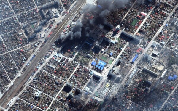 epaselect epa09841413 A handout satellite image made available by Maxar Technologies shows damages and burning buildings in Irpin, near Kyiv, Ukraine, 21 March 2022. Russian troops entered Ukraine on 24 February prompting the country's president to declare martial law and triggering a series of announcements by Western countries to impose severe economic sanctions on Russia.  EPA/MAXAR TECHNOLOGIES HANDOUT -- MANDATORY CREDIT: SATELLITE IMAGE 2022 MAXAR TECHNOLOGIES -- THE WATERMARK MAY NOT BE REMOVED/CROPPED -- HANDOUT EDITORIAL USE ONLY/NO SALES