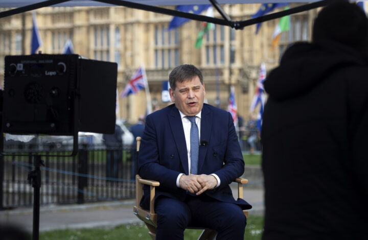 epa07469351 Conservative MP Andrew Bridgen and member of the ERG (European Research Group) during a television interview outside the Houses of Parliament in London, Britain, 28 March 2019. The British MPs are to debate and vote on the withdrawal agreement only on 29 March 2019.  EPA/WILL OLIVER