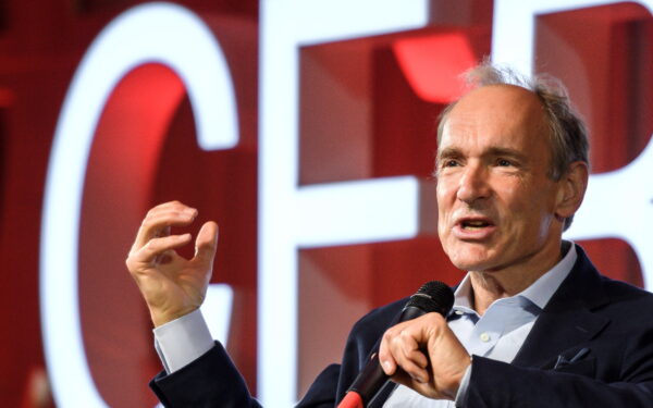 epa07430456 World Wide Web inventor Tim Berners-Lee delivers a speech during an event marking 30 years of World Wide Web, on March 12, 2019 at the CERN in Meyrin, near Geneva, Switzerland, 12 March 2019.  EPA/FABRICE COFFRINI / POOL POOL
