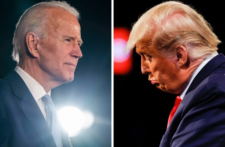 epa08805160 A composite image made of file images shows  Democratic candidate for President, Joe Biden (L) in Columbia, USA, 29 February 2020, and US President Donald J. Trump (R) during the final presidential debate in Nashville, USA, 22 October 2020 (issued 07 November 2020). Media report on 07 November 2020 that Joe Biden has won the Electoral College's majority following the 03 November presidential election.  EPA/JIM LO SCALZO/JIM BOURG/POOL