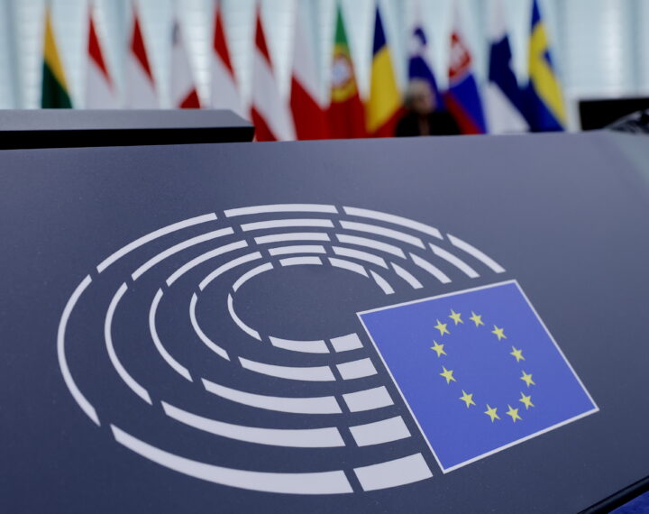epa11183222 A Logo of European Parliament before a debate on ‚Resumption of session and order of business' at the European Parliament in Strasbourg, France, 26 February 2024. The European Parliament's session runs from 26 until 29 February 2024.  EPA/RONALD WITTEK