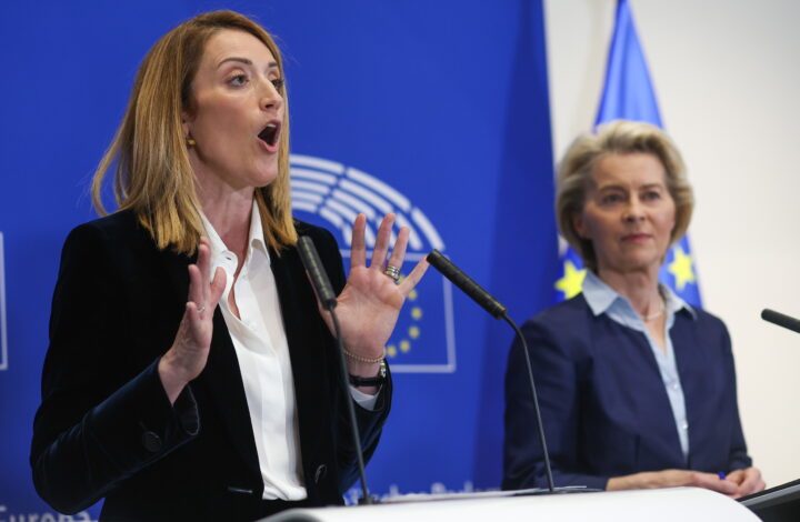 epa11270780 European Parliament President Roberta Metsola (L), and European Commission President Ursula von der Leyen give a joint statement following the adoption of the Migration and Asylum package during a plenary session at the European Parliament in Brussels, Belgium, 10 April  2024. The European Parliament approved a reform of EU asylum law. Members of European Parliament voted to speed up asylum procedures and facilitate deportations.  EPA/OLIVIER HOSLET