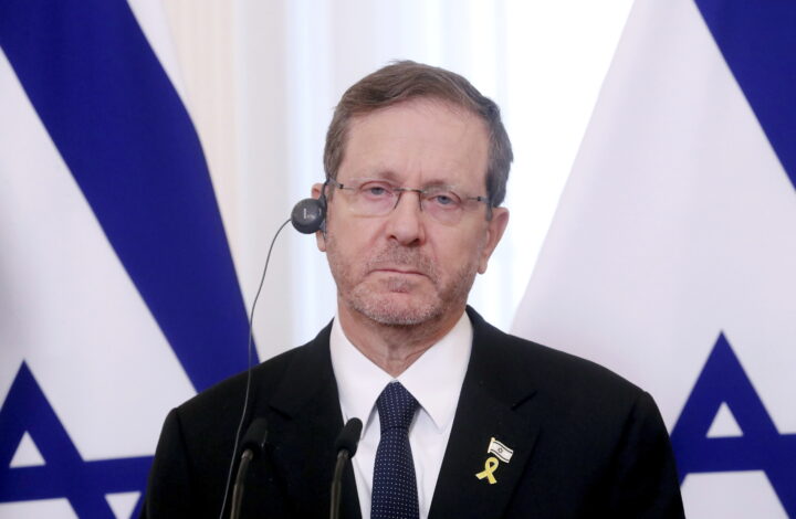 epa12284400 Israeli President Isaac Herzog looks on during a press conference after a meeting with the Latvian president as part of his official visit to Riga, Latvia, 05 August 2025.  EPA/TOMS KALNINS