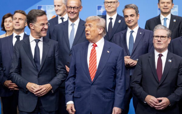epa12196205 (L-R, back) French President Emmanuel Macron, German Chancellor Friedrich Merz, Polish President Andrzej Duda, Greek Prime Minister Kyriakos Mitsotakis, Portuguese Prime Minister Luis Montenegro; (L-R, front) NATO chief Mark Rutte, U.S. President Donald Trump, and British Prime Minister Keir Starmer pose for a group photo at the World Forum before the NATO Summit in The Hague, The Netherlands, 25 June 2025. The Netherlands, for the first time in NATO's history of existence, is hosting a NATO summit.  EPA/KOEN VAN WEEL