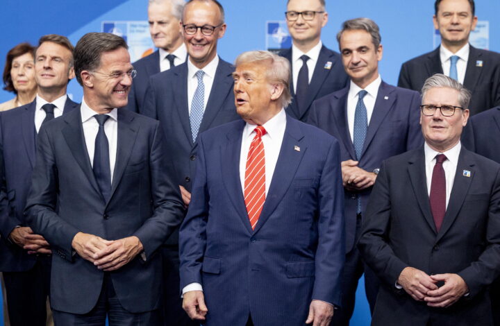 epa12196205 (L-R, back) French President Emmanuel Macron, German Chancellor Friedrich Merz, Polish President Andrzej Duda, Greek Prime Minister Kyriakos Mitsotakis, Portuguese Prime Minister Luis Montenegro; (L-R, front) NATO chief Mark Rutte, U.S. President Donald Trump, and British Prime Minister Keir Starmer pose for a group photo at the World Forum before the NATO Summit in The Hague, The Netherlands, 25 June 2025. The Netherlands, for the first time in NATO's history of existence, is hosting a NATO summit.  EPA/KOEN VAN WEEL